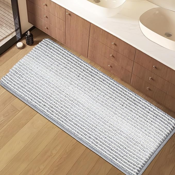 HDFK Bath Mat & Bathroom Rug - Wide Chenille Soft, Super Absorbent Non-Slip Shower Carpet Machine Washable with Hot Melt Adhesive Base, Striped Design for Bathtub Floors (47x20 Inch, Gray & White)