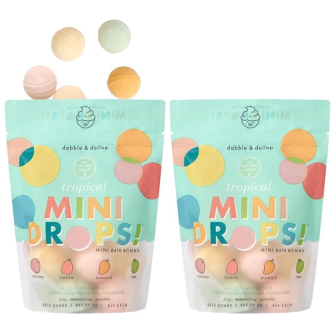 Dabble & Dollop Mini Bath Bombs, 100% Natural Droplets for Kids, Tropical Scents - Resealable Pouches, Fizzy, Moisturizing & Fun, Vegan, Gluten-Free, Cruelty-Free (Set of 24)