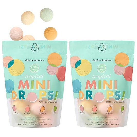 Dabble & Dollop Mini Bath Bombs, 100% Natural Droplets for Kids, Tropical Scents - Resealable Pouches, Fizzy, Moisturizing & Fun, Vegan, Gluten-Free, Cruelty-Free (Set of 24)