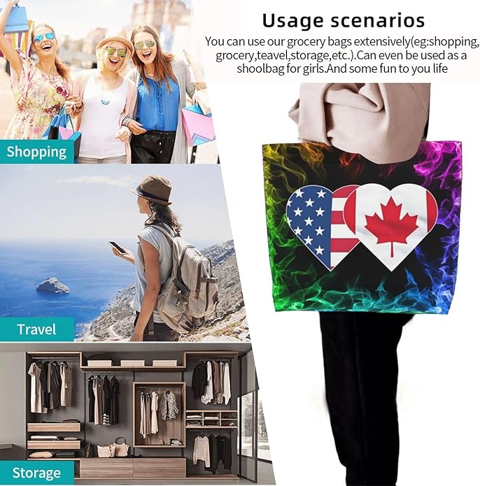 USA Canada Flag Heart Large Reusable Eco-friendly Shopping Bags Portable Storage Handbag