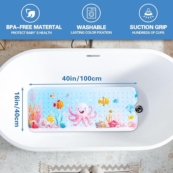 Kids Bath Mat with Ocean Theme Design, 40x16 inches, Non-Slip with 200 Suction Cups, Cartoon Sea Animals Pattern (Octopus, 40 * 16in)