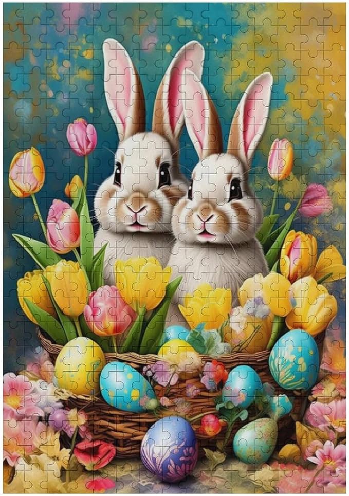 Wooden Puzzle - Easter Tulips Bunny Jigsaw Puzzles，Wooden Puzzles for Adults 300 Pieces Unique Gifts for Wall Art，Challenge Puzzles，Educational Games，Family Puzzles