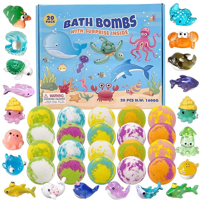 Bath Bombs for Kids with Surprise Inside, 20 Pack Luxury Bath Salt with Bath Toys, Natural Bath Balls for Kids