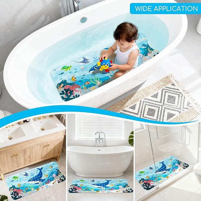 Baby Bath Mat for Tub, Non Slip Kids Bath Shower Mat, 40 X 16 Inch Large Bathtub Mat with Drain Holes and Suction Cups for Toddlers, Machine Washable and Waterproof (Whale)