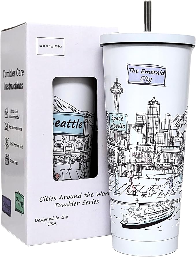 Cities Around the World 25 Oz Tumbler Series- Designed in the USA- Vacuum Insulated Tumbler with Lids Straw - Stainless Steel Coffee Water Travel Mug, Cup for Hot Cold Drink (Seattle)