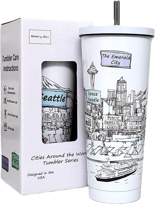 Cities Around the World 25 Oz Tumbler Series- Designed in the USA- Vacuum Insulated Tumbler with Lids Straw - Stainless Steel Coffee Water Travel Mug, Cup for Hot Cold Drink (Seattle)