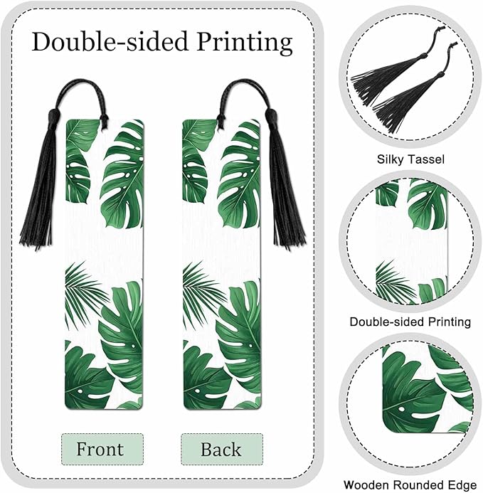 Tropical Leaves Bookmarks Set 5 with Tassels Summer Palm Green Leaf Wooden Bookmarks for Reading Women Men Students Teachers School Supplies
