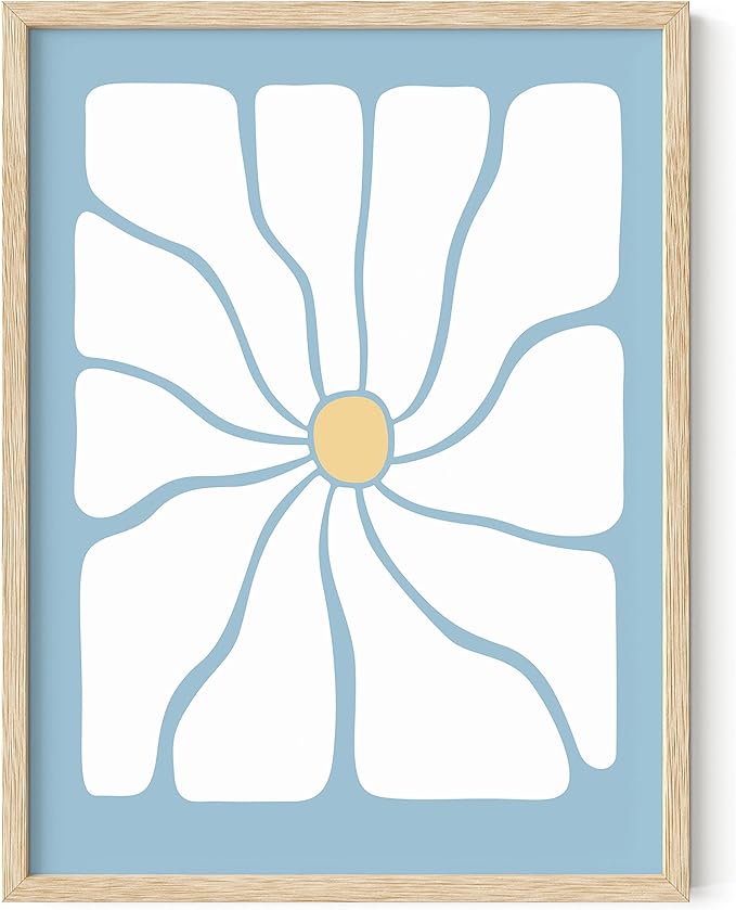 HAUS AND HUES Daisy Artwork Danish Pastel Decor - Floral Wall Art, Blue Flower Poster for Dorm, Indie Poster for Room Aesthetic, Indie Kid Room Art Print (Beige Framed, 12x16)