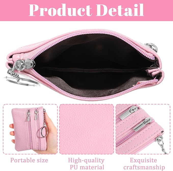 3 PCS Coin Purse Pouch Change Card Holder Wallet Mini Zipper Pouch with Keychain for Women and Men (Black, Blue, Pink)