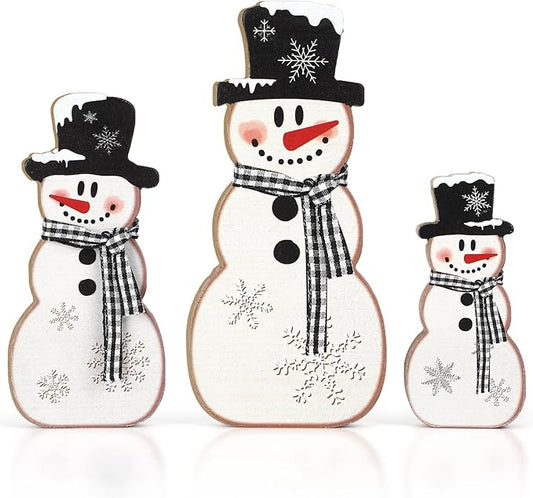 3 Pcs Christmas Snowman Table Decor Wooden Snowman Tables Centerpieces Block Winter Wood Tabletop Sign Rustic Merry Xmas Decorations Indoor for Tiered Tray Office Desk Shelf Home Mantel Holiday Party