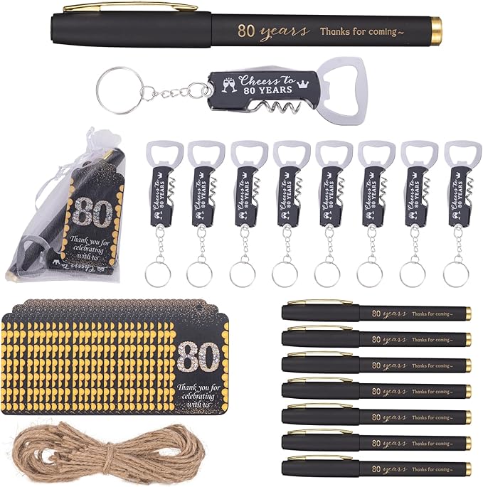 25sets 80th Birthday Party Favors for Guests Including Pens Bottle Opener Keychains Bulk Thank You Cards with Organza Gift Bags for Birthday Anniversary Souvenirs, Cheers to 80 Years