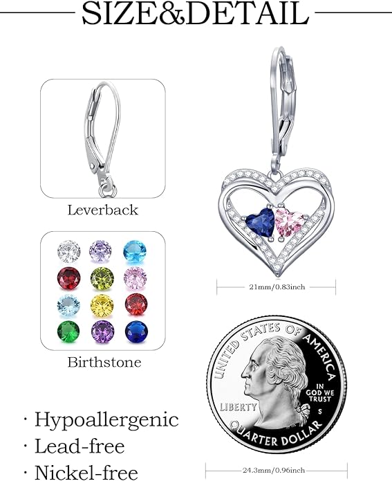 Heart Leverback Earrings Double Birthstone Dangle Earrings for Women, Love Jewelry for Her, Christmas Gifts for Women, Anniversary Birthday Gift for Mom Wife Girlfriend