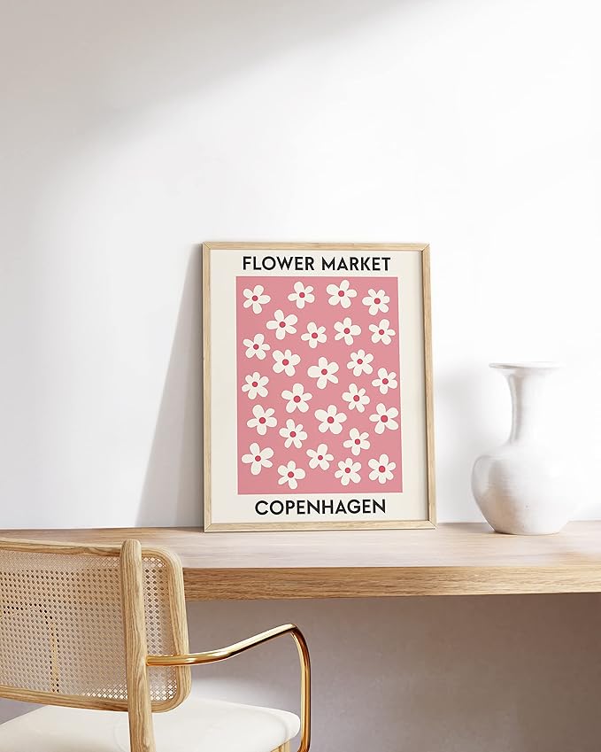 HAUS AND HUES Flower Market Poster, Danish Pastel Wall Art, Pink Aesthetic Decor, Pastel Floral Print (Beige Framed, 12x16)
