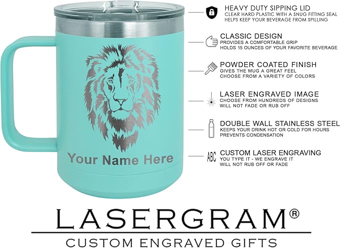 LaserGram 15oz Vacuum Insulated Coffee Mug, Starfish, Personalized Engraving Included (Teal)