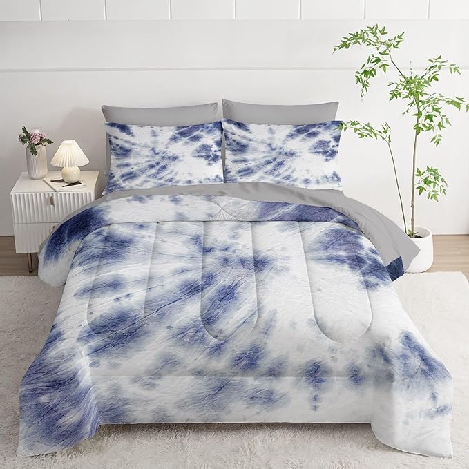 7Pcs Comforter Set Blue Tie Dye Printed Bedding Set with 1 Comforter, 1 Flat Sheet, 1 Fitted Sheet and 4 Pillowcases for Boys and Girls Bedroom All Season(Tie Dye Twin)