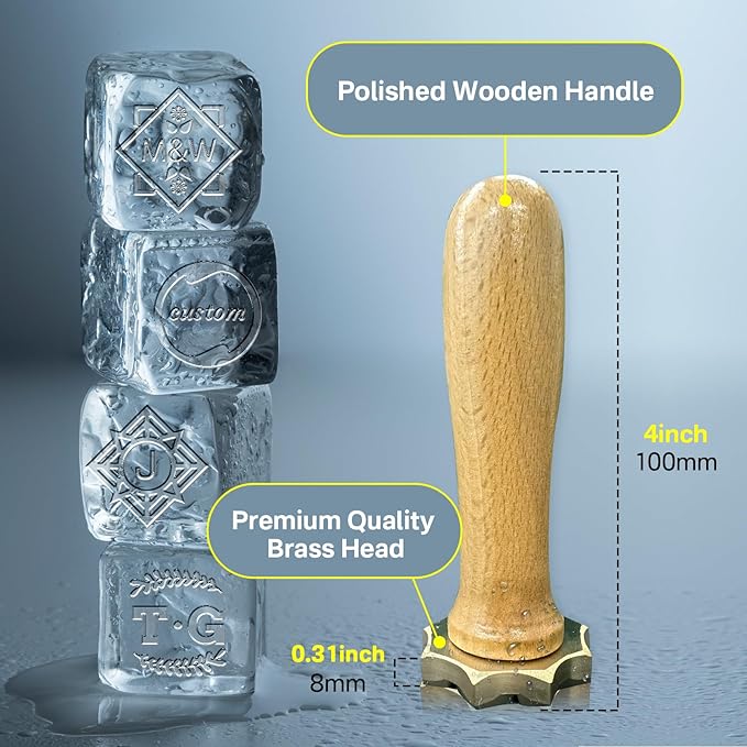HDSD Custom Ice Cube Stamp - Personalized Ice Branding Stamp with Wood Handle, Design Unique Patterns for Parties, Events & Daily Drinks