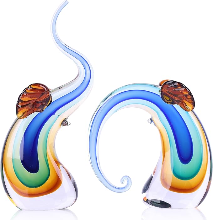 suruim Hand Blown Murano Glass Elephant Statues Set - Luxury Sculptures Home Decor for Living Room & Office Art Glass Ornament Animal Collectible (Blue)
