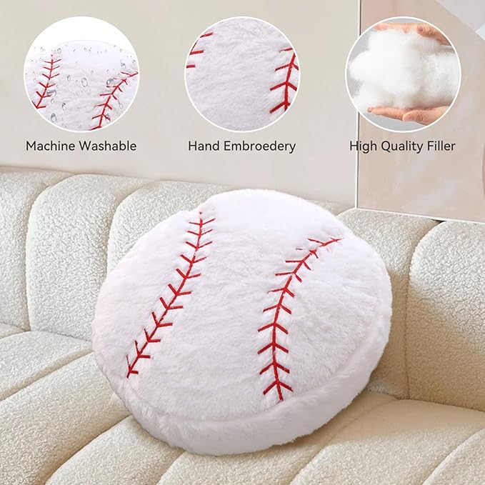 Baseball Pillow, 2 Pcs Baseball Plush Pillow, Soft Fluffy Stuffed Sports Throw Pillows, Home Decor Cushion, Round Baseball Pillows, Sports for Room Decoration 15.8"