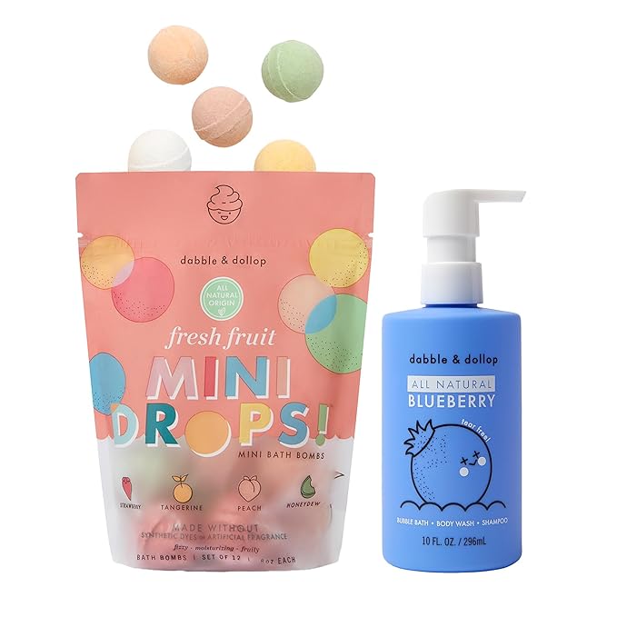 Dabble & Dollop Fresh Fruit Mini Bath Bombs & Blueberry Shampoo, Body Wash, Bubble Bath for Kids - All Natural Fruity Scents, Resealable Pouch, Vegan, Gluten-Free, Cruelty-Free (Pack of 2)