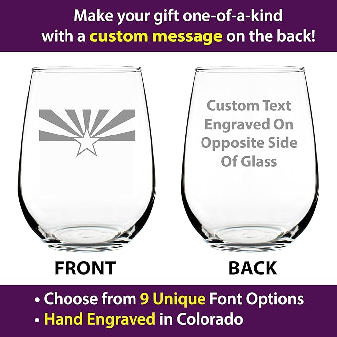 Custom Arizona Flag - Personalized Stemless Wine Glass - State Themed Drinking Decor and Gifts for Arizonans - Large 17 Ounce - Customized Wine Glass Gift