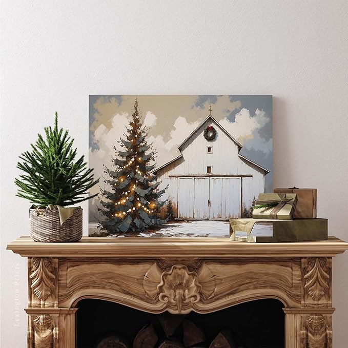 Winter Christmas tree abstract barn print nature country artwork home decor farmhouse canvas poster12x16in(30x40cm)- Unframed