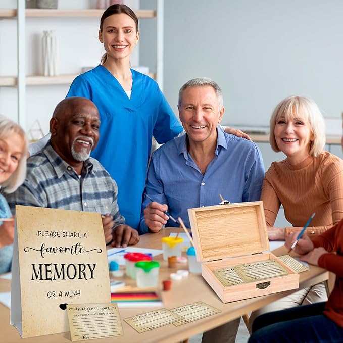 60th Birthday Party Share a Memory Set, 1966 Birthday Gifts for Women Men, 1966 Wooden Share A Memory Box with Memory Sign and 50 Pcs Memory Cards, 1966 Birthday Gifts, 60th Birthday Party Decorations