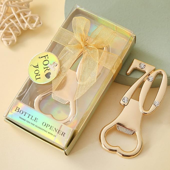 24 pcs gold themed 70th birthday bottle openers favored for 70th anniversary wedding party gifts, 70 birthday party souvenirs or party decorations (Gold, 70 style)