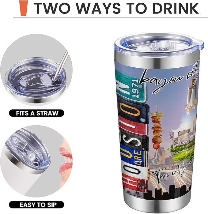 20oz Insulated Tumbler Huston City State Coffee Mug, United States Map Travel Mug Landmark, Birthday Gifts Cute Custom Tumbler Cups with Lid and Straw Gifts for Mom