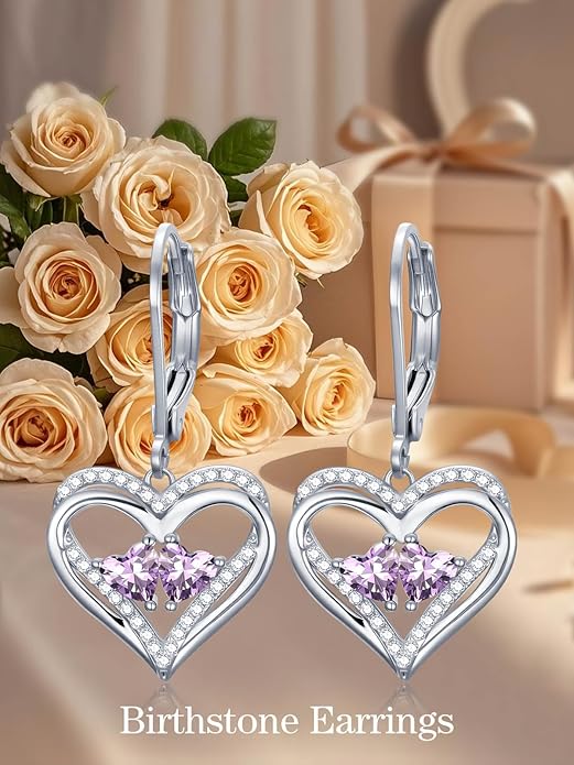 Heart Leverback Earrings Double Birthstone Dangle Earrings for Women, Love Jewelry for Her, Christmas Gifts for Women, Anniversary Birthday Gift for Mom Wife Girlfriend