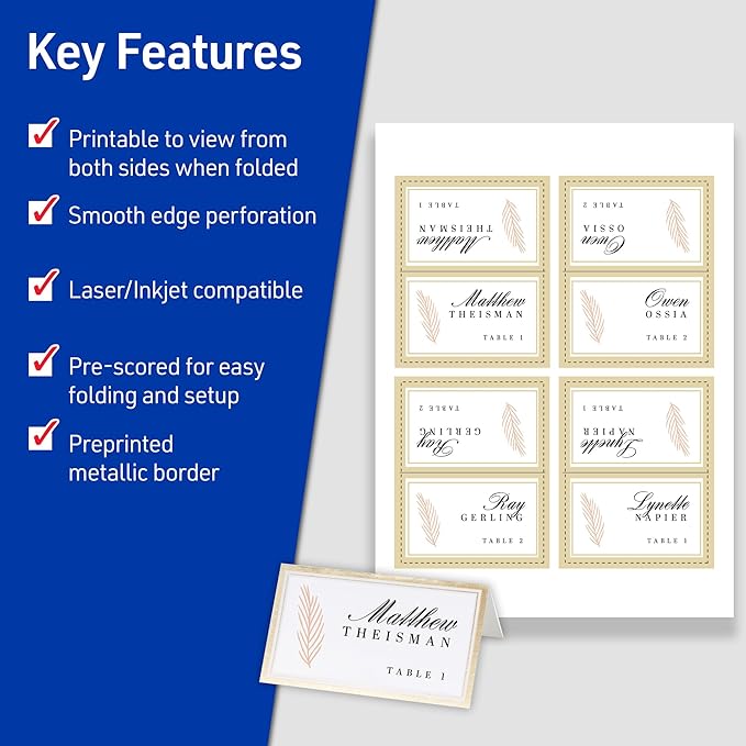 Avery Printable Tent Cards, 2" x 3.5", White, Metallic Gold Borders, Laser/Inkjet Printable, 80 Blank Place Cards (3328)
