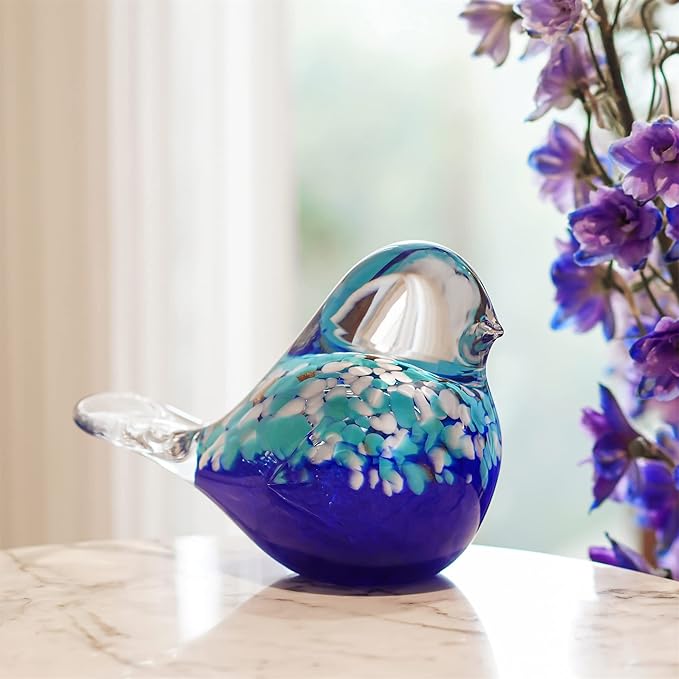 QFkris 6.5inch Blown Glass Blue Bird Figurine Collectibles Handmade Art Glass Animal Paperweight,Home Decoration Tabletop Centerpiece for Bird Lover