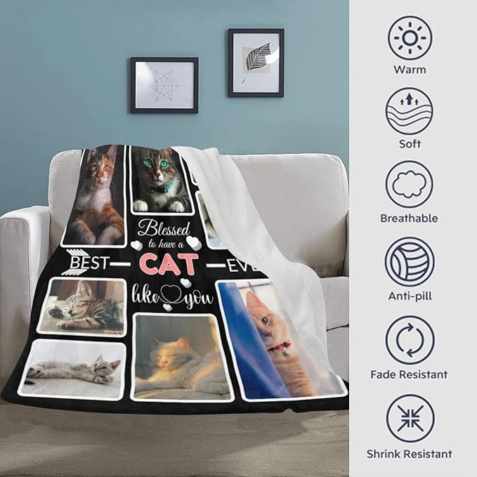 Custom Blanket Gifts for Cat, Customized Blankets with Photos, Make a Personalized Bed Throws to My Cat, Custom Souvenir Throw Blanket for Best Cat Ever, 8 Collages Made in USA