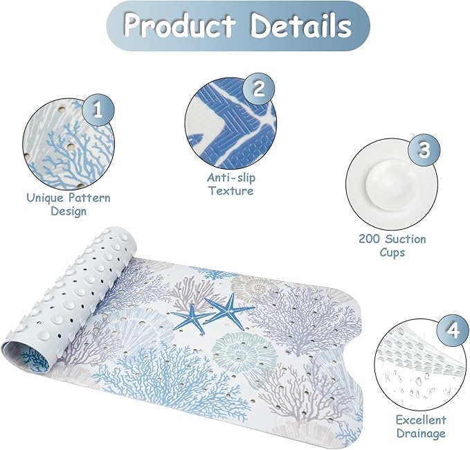 Bathtub Mat Non Slip, Extra Long Bath tub Mat Shower Floor Mat with Suction Cups and Drain Holes for Adults Kids Elderly 40 X 16 Inch