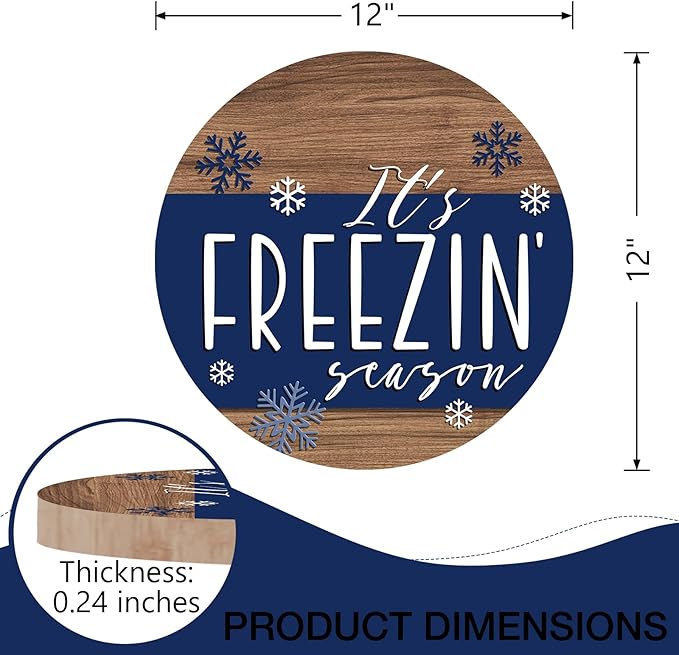 Deroro Winter It's Freezin' Season Blue Front Door Sign, Farmhouse Snowflake Wood Hanger Outdoor Outside Porch Decor, Rustic Christmas Wooden Wreath Indoor Wall Hanging Decoration with Plaid Bow