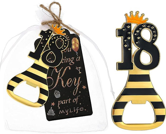 24pcs 18th Gold Keychain Bottle Opener 18th Birthday Party Favors, 18 Keychain Beer Bottle Opener Favors Anniversary Souvenirs Return Gifts for Guests Party Decor Supplies (black 18)