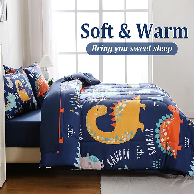 6 Pcs Bed in A Bag Full Comforter Set for Boys Girls, Dinosaur Comforter, Dinosaur Bedding Sets with Sheets for Kids