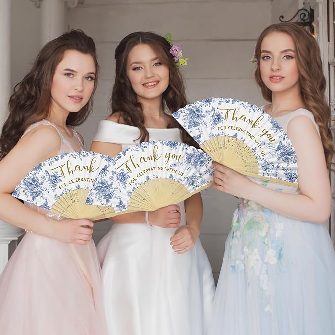 50 Pcs Wedding Foldable Hand Fans Wedding Party Favor with Bag Something Blue Before I Do Handheld Fans Thank You for Celebrating with Us for Bridal Shower Bridesmaid Gift(Blue White Flowers)