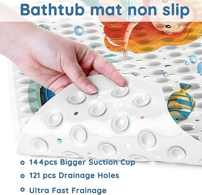 LNOND Bath Mat for Tub for Kids, Toddler Bathtub mat Non Slip, Sea Mermaids Kids Bath Mats for Bathroom Non Slip with Drain Holes and Suction Cups,Machine Washable (40 X 16 Inch)