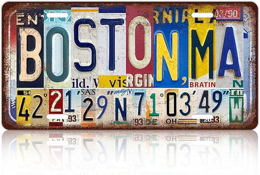 Vintage City License Plate Boston,Ma Wall Decor Metal Tin Sign for Bar Home Bedroom 12 x 6 Inches （Including latitude and longitude）