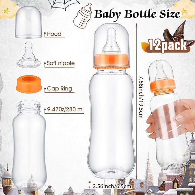 TrelaCo Halloween Cool Baby Shower Games Bottle Chug Sign Wooden Halloween Boo Theme Baby Gift Sets Gender Reveal Party Favors and 12 Pcs Baby Bottle Shower Favor Baby Bottles for Baby Shower