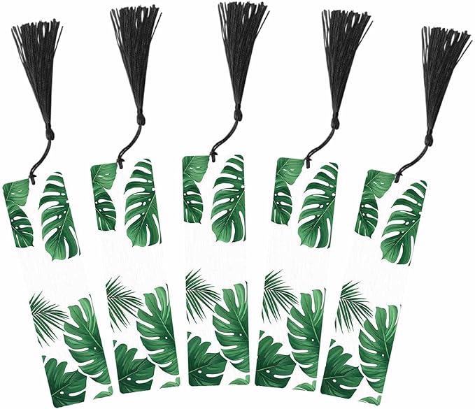 Tropical Leaves Bookmarks Set 5 with Tassels Summer Palm Green Leaf Wooden Bookmarks for Reading Women Men Students Teachers School Supplies