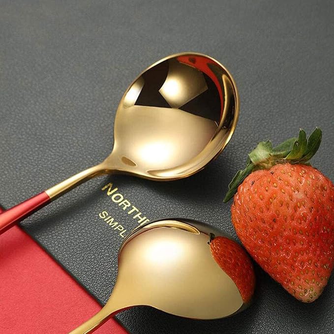 Metal Soup Spoons,Stainless Steel Spoons for Soup Round Colorful Dinner Spoons Thick Short handle Table Spoon 6.3-Inch, Set of 5 (Gold)