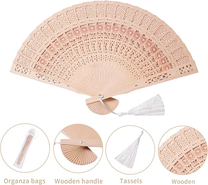 50 Sets Wooden Hand Fan Baby Shower Party Favors with Organza Bags and Tassels Wooden Folding Fan （Sunflower Pattern）