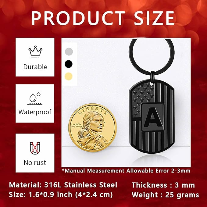 Valentines Day Gifts for Him -Initial Keychain Gifts for Men,A-Z Letter American Flag KeyChain for Men