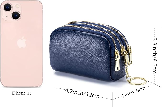 LINNO 3 Zippered Genuine Leather Coin Purse Triple Capacity Change Pouch Little Travel Wallet With Key Ring for Women