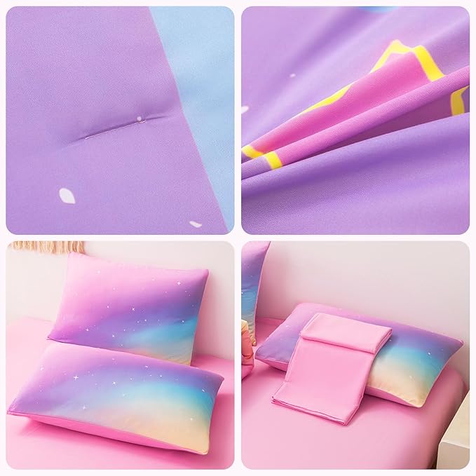 Rainbow Bedding Set Full Size – 6-Piece Reversible Girls Comforter with Deep-Pocket Sheet, Gradient Galaxy Design, Whole-Piece Filling, Machine Washable Bed-in-a-Bag for Kids Room Makeover & Gifts