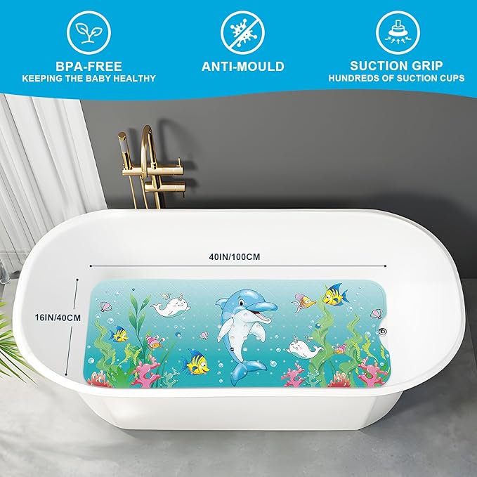 XIYUNTE Baby Bath Mat for Tub Non Slip Kids Bath Mat - 40''x16'' Extra Long Cartoon Bathtub Mat Non Slip Kids Shower Mat Eco-Friendly Toddler Bath Mats with Suction Cups, Machine Washable