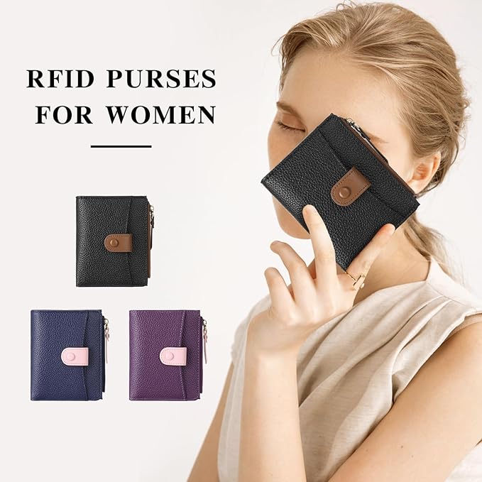 SENDEFN Small Wallet Women Leather RFID Blocking Bifold Zipper Pocket Card Holder with ID Window