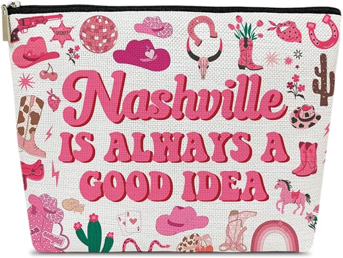Nashville Travel Makeup Bag, Nashville Lover Gift Cosmetic Bag, Country Music Themed Gifts For Traveller Women Friends Sister, Birthday Christmas Bachelorette Party Favors for Girl