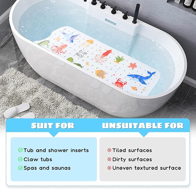 Baby Bath Mat for Tub Non Slip Kids Bathtub Mat Extra Long 40X16 Inch Toddler Bath Tub Shower Mat Anti Slip with Suction Cups & Drain Holes, Machine Washable (Under The sea)